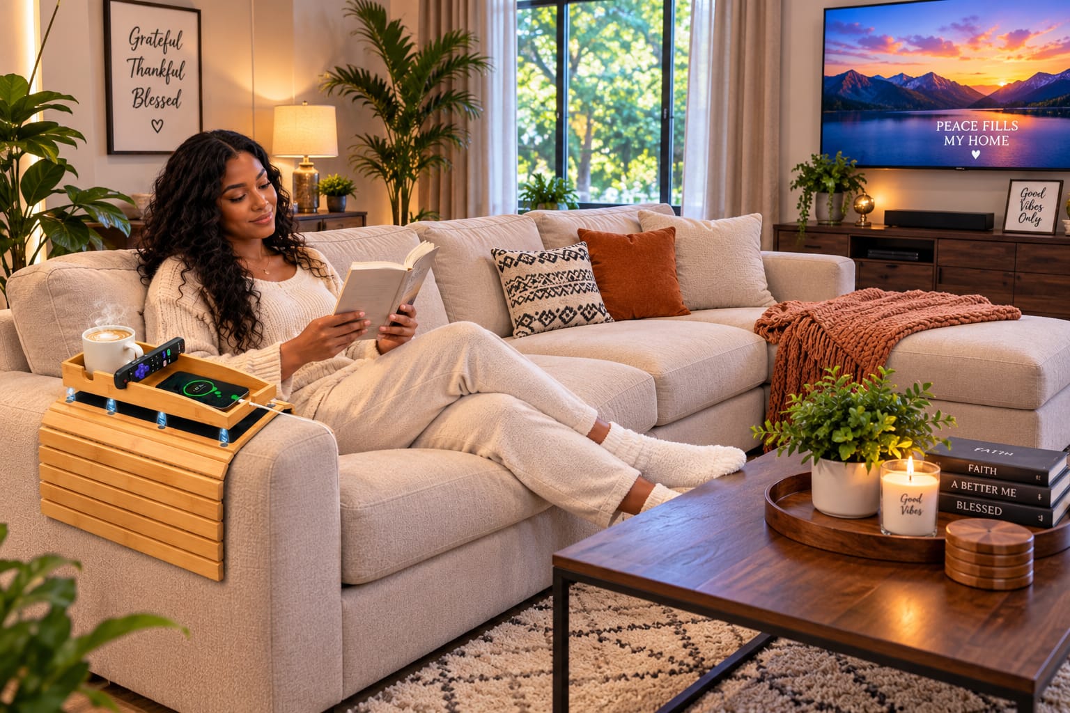 Reading & relaxing — CozyNest Living couch accessory in use