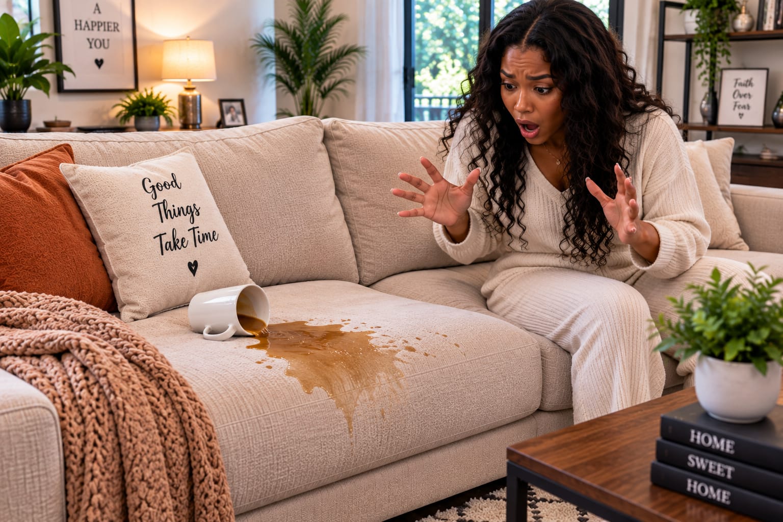 Coffee spilled across a cream sofa cushion from a mug set down on the seat