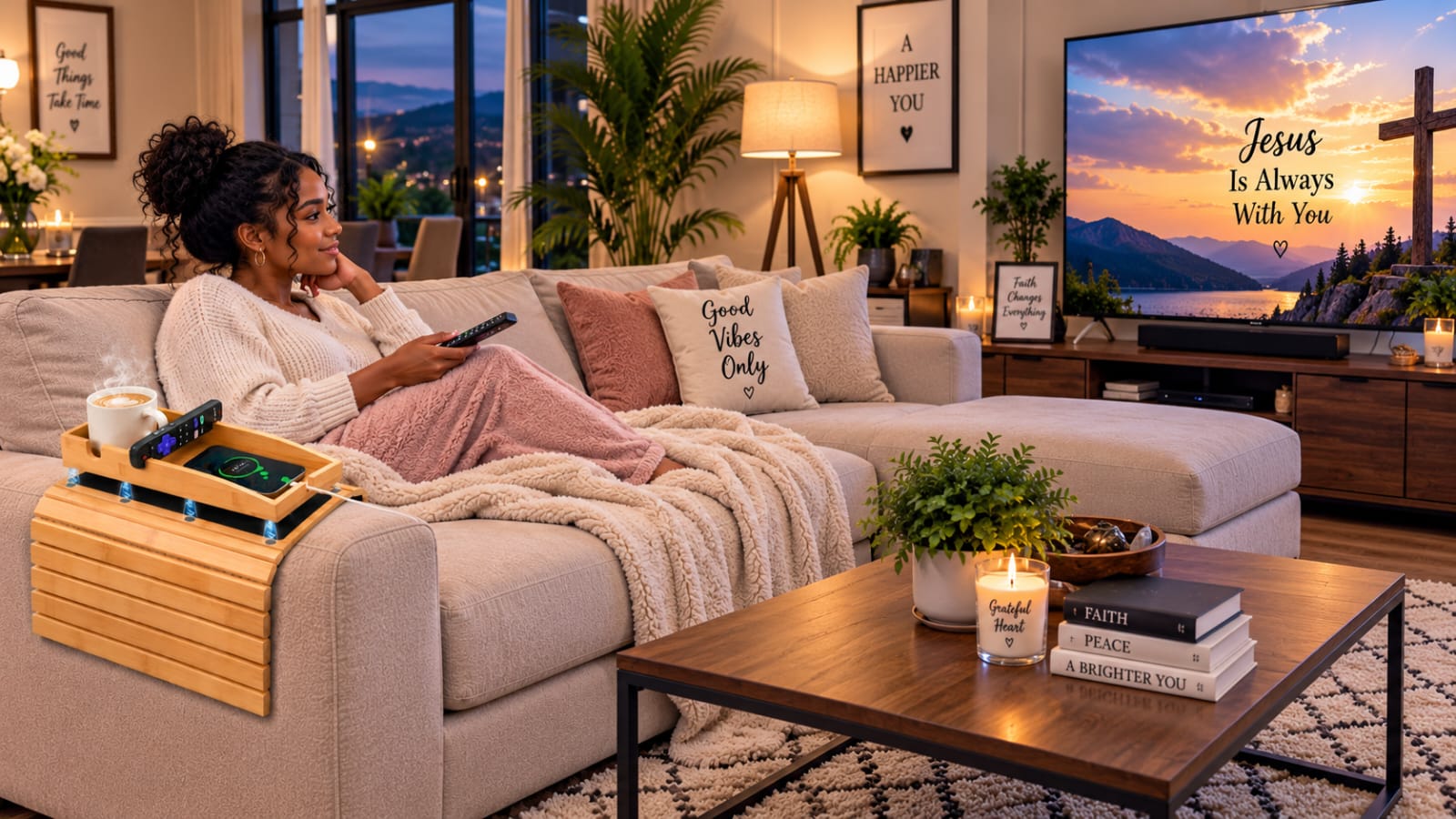 Woman relaxing on a cream sofa with a bamboo armrest tray holding her coffee, remote and charging phone